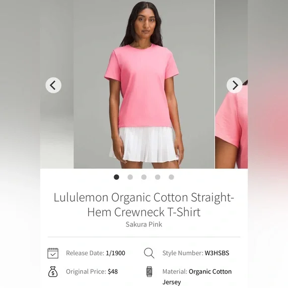 NWT Lululemon Organic Cotton Straight-Hem Crewneck T-Shirt in Sakura Pink, sz L - Picture 2 of 5